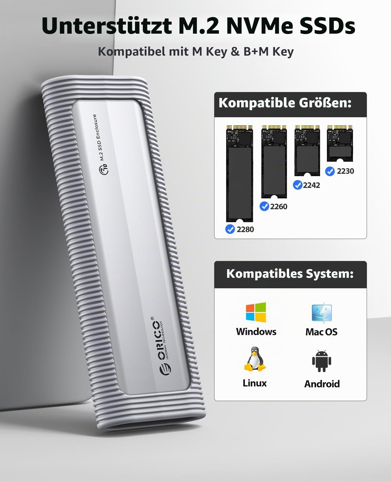 ORICO M.2 NVMe Gehäuse Werkzeugfreies, USB 3.2 10Gbps M2 SSD Gehäuse mit Silikon-Schutzhülle & Schlüsselband, Aluminium NVMe USB Adapter für NVMe PCIe M-Key SSD in 2230/2242/2260/2280-AXM2 6