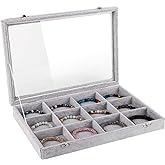 Emibele Jewelry Organizer Bracelet Storage Tray Box, 12 Grids Jewelry Tray with Clear Lid Velvet Jewelry Box for Necklace Bracelets Bangles Display Storage Organizer Box, Grey