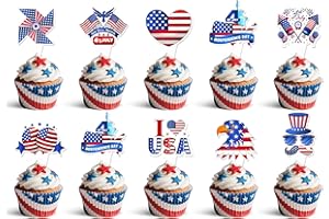 WUHUZSM 36pcs 4th of July Cupcake Toppers - Wrappers Independence Day Cupcake Liners Red White Blue Glitter Food Picks for Independence Day Party Decorations