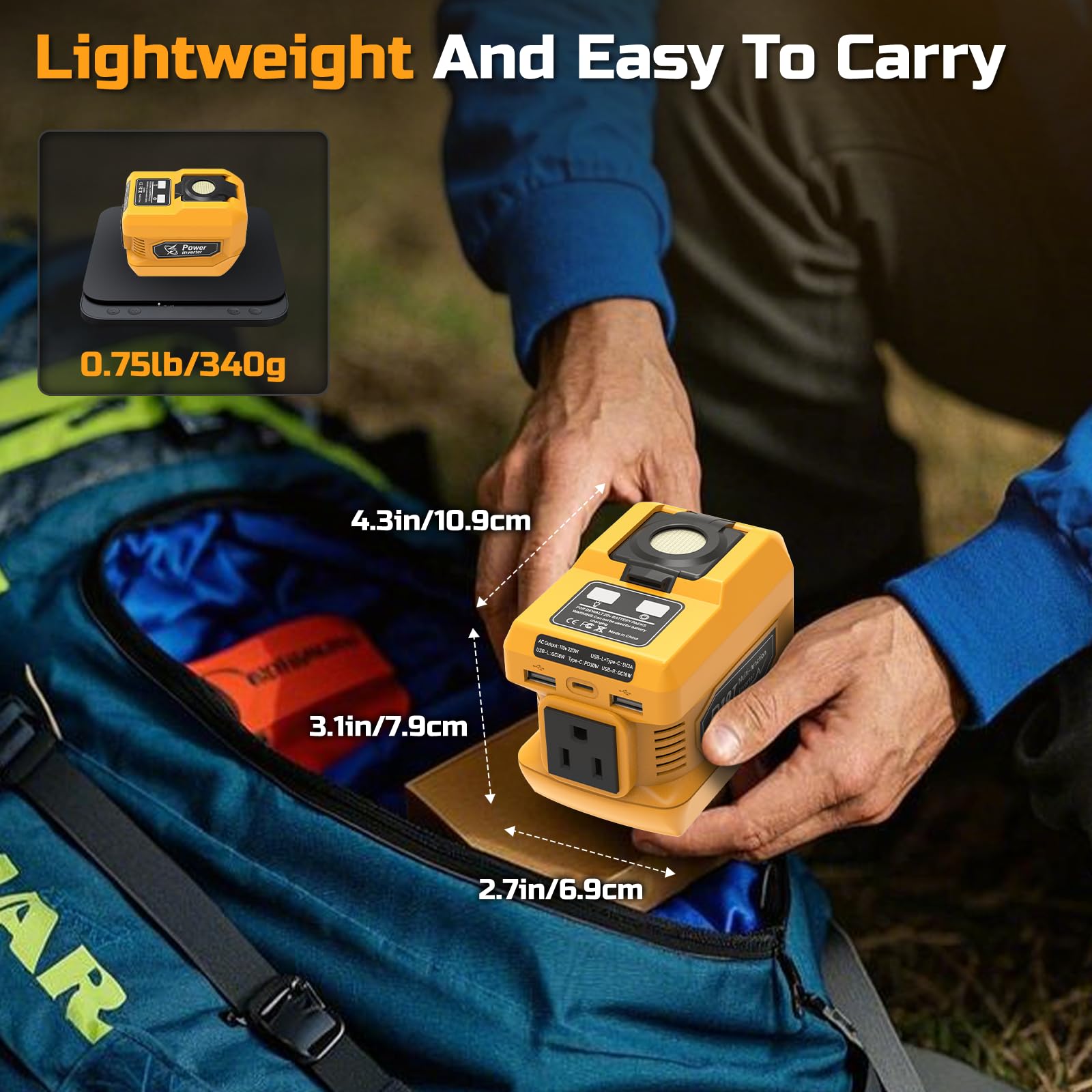 220W Power Inverter for Dewalt 20V Battery, DC 20V to AC 110V Battery Inverter, Portable Power Station Generator with 1 AC Outlet, 2 USB Ports & 1 Type-C Fast Charging, 400LM LED Work Light