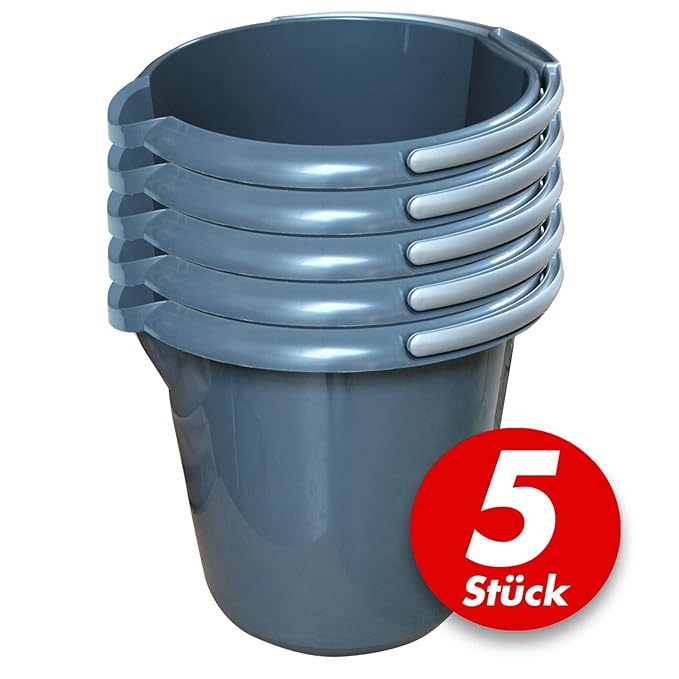 Putzeimer Set - 5 Stück mit Ausguss und Skala, 10 Liter - Eimer rund, Wassereimer Kunststoff, Haushaltseimer Plastik - versch