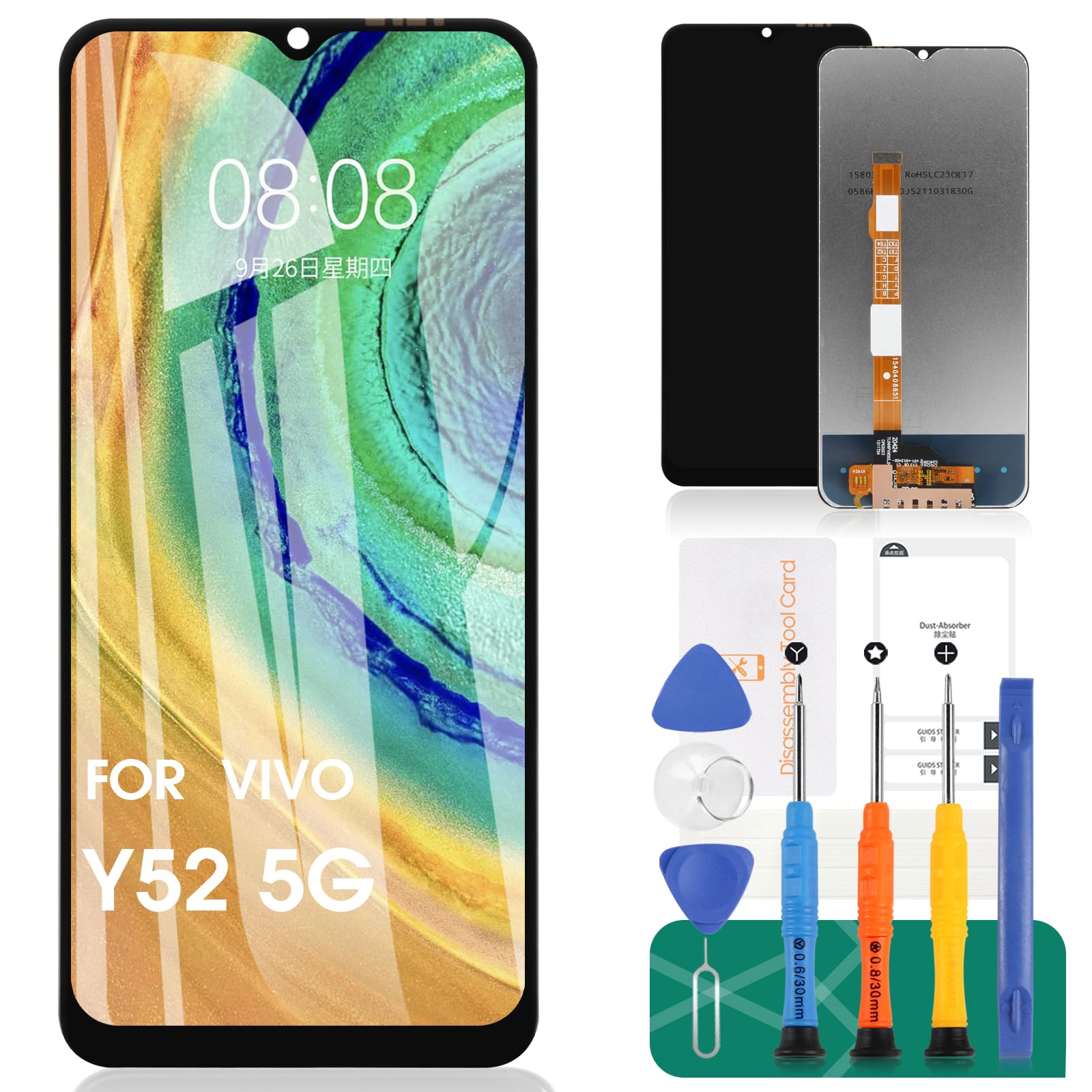 For Vivo Y52 5G LCD Display For Vivo Y72 5G Screen Replacement For Vivo Y52 Touch Screen For Vivo Y72 Digitizer V2053 V2041 Repair Kits (Black,Without Frame)