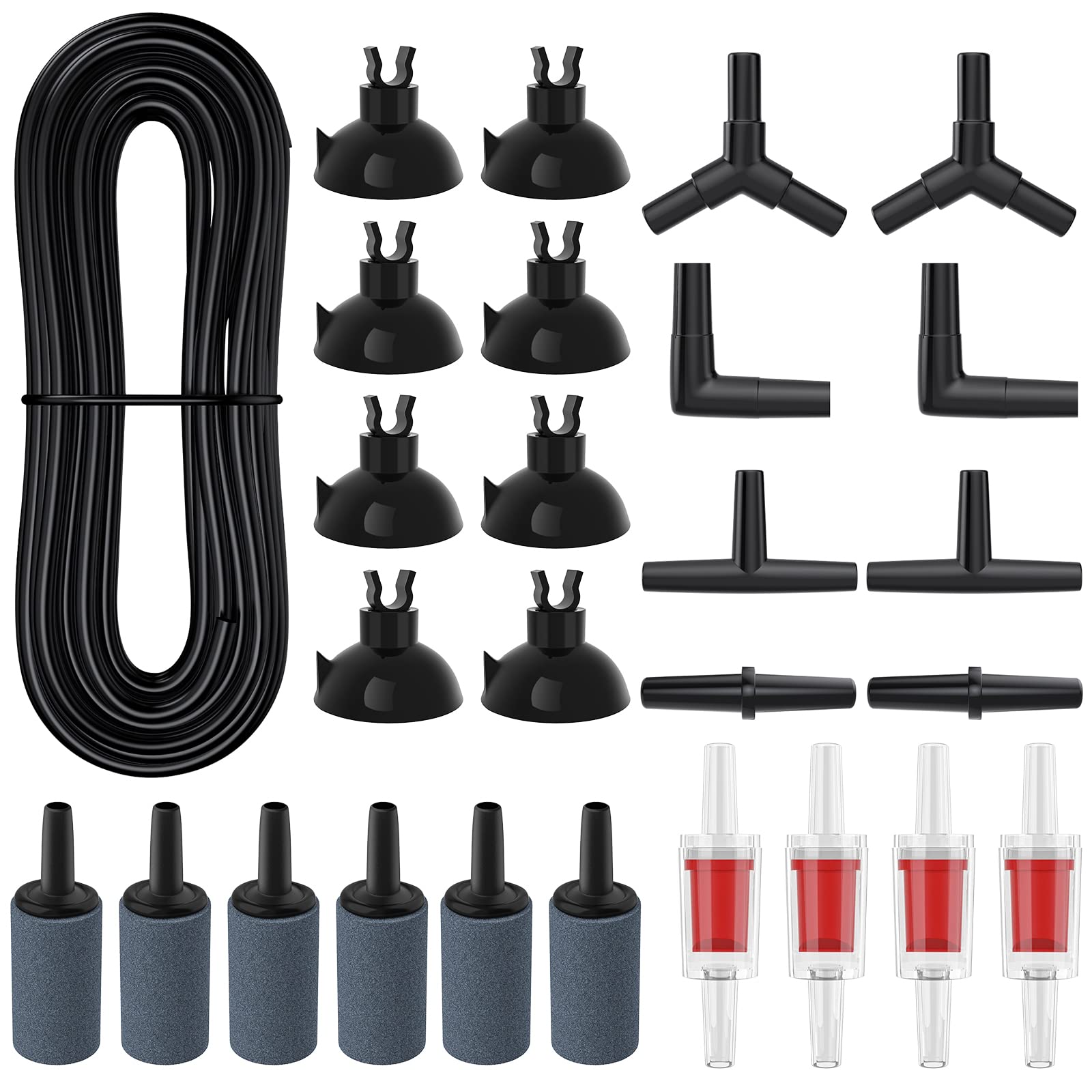 Pawfly Aquarium 7.5 M Black Airline Tubing Standard Air Pump Accessories Set with Air Stone Cylinders Connectors Suction Cups and Check Valves for Fish Tank Aeration Setup — image 1