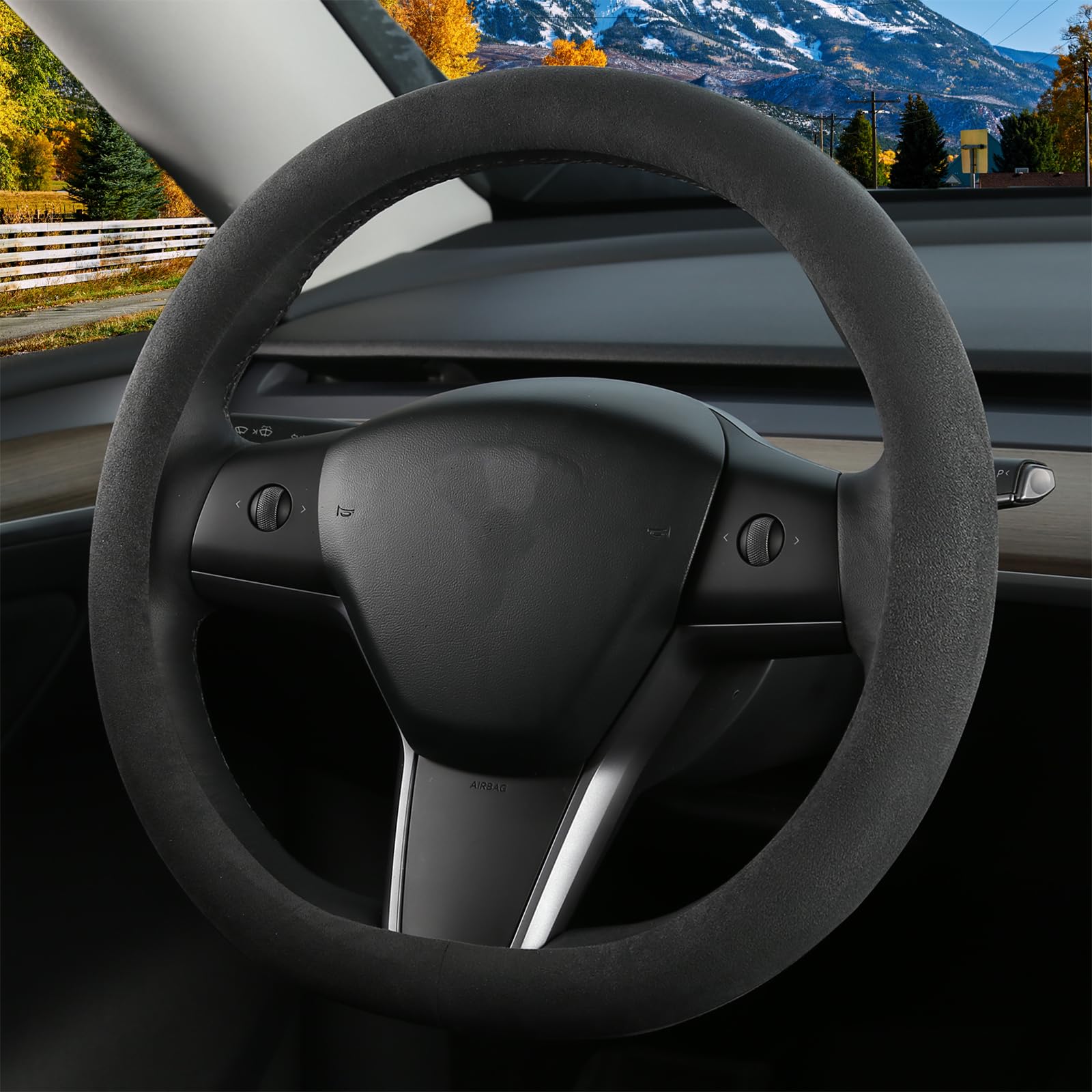 Photo 1 of SthExtra Suede Steering Wheel Cover for Tesla Model 3/Y, Anti Heat, Breathable, Anti-Slip,Leather Steering Wheel Cover 14-14 1/4 in (35.5-36 cm) (Black-02)