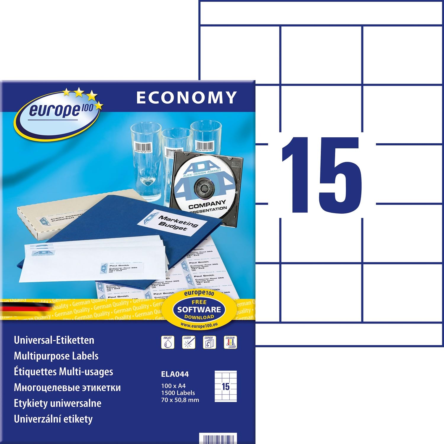 europe100 ELA044 Universal Labels 70 x 50.8 mm 100 Sheets with Total of 1500 Labels White