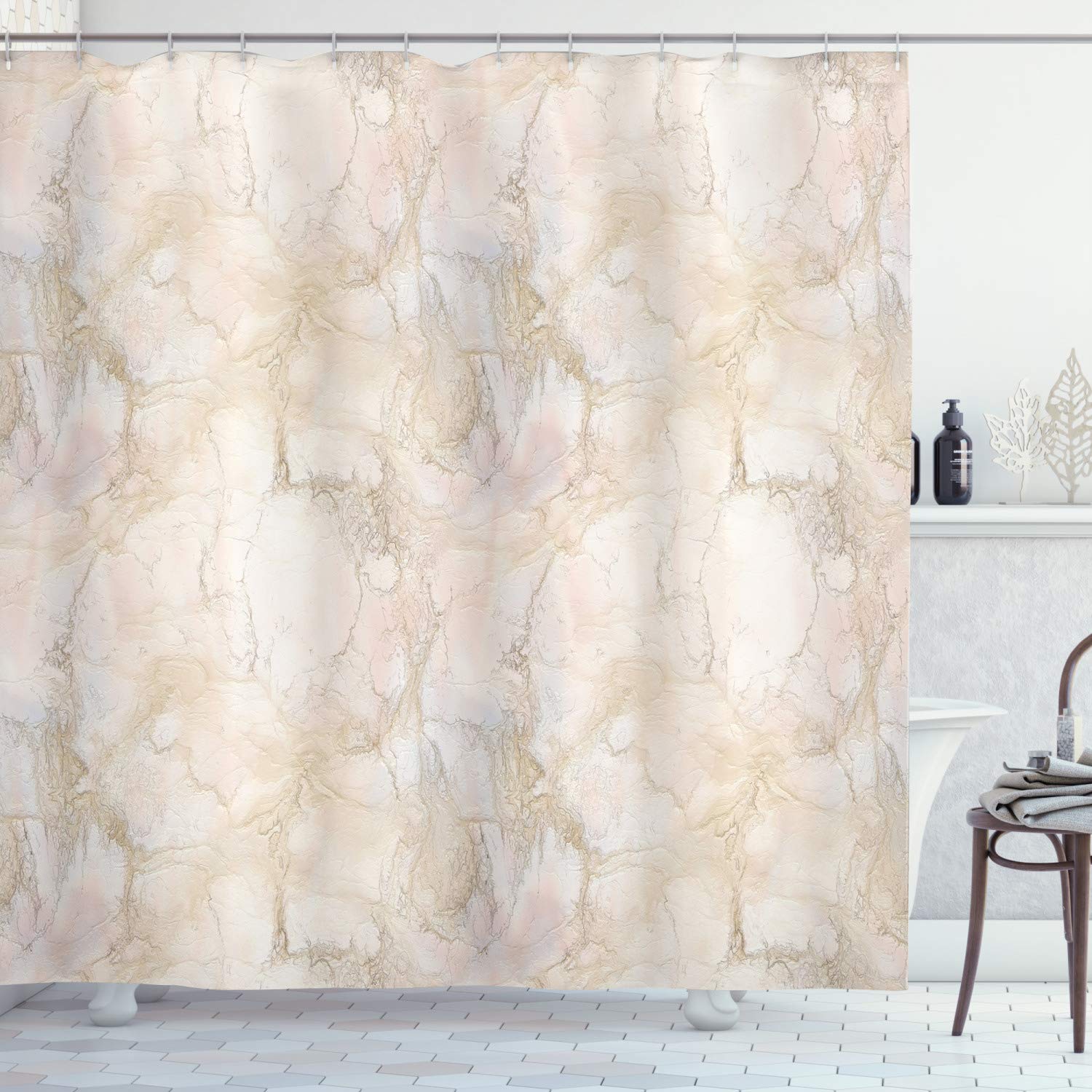 ABAKUHAUS Marble Shower Curtain, Pastel Colored Stone Background Crack Patterns Architecture and Building Material, Cloth Fabric Bathroom Decor Set with Hooks, 86 Inches Extra Long, Beige — image 1