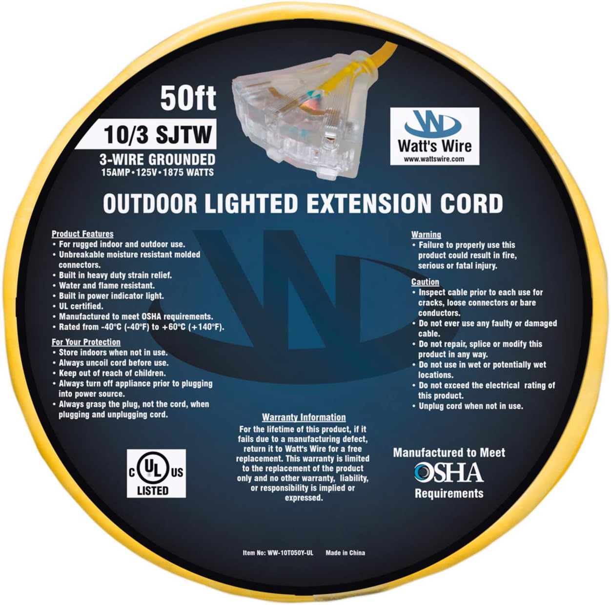 50-ft 10/3 Heavy Duty 3-Outlet Lighted SJTW Indoor/Outdoor Extension Cord by Watt's Wire - Yellow 50' 10-Gauge Grounded 15-Amp Three-Prong Power-Cord (50 foot 10-Awg) - - 