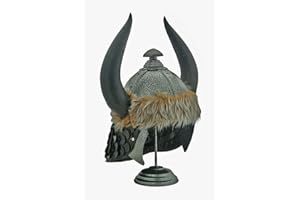 SZCO Supplies Steel Barbarian Norse Viking Helmet for Men – Fully Functional Medieval Helmet with Horns, Faux Fur, Scales, Helmet Display Stand, 8"x14"x18", Viking Helmet Men Cosplay Vikings Helmet