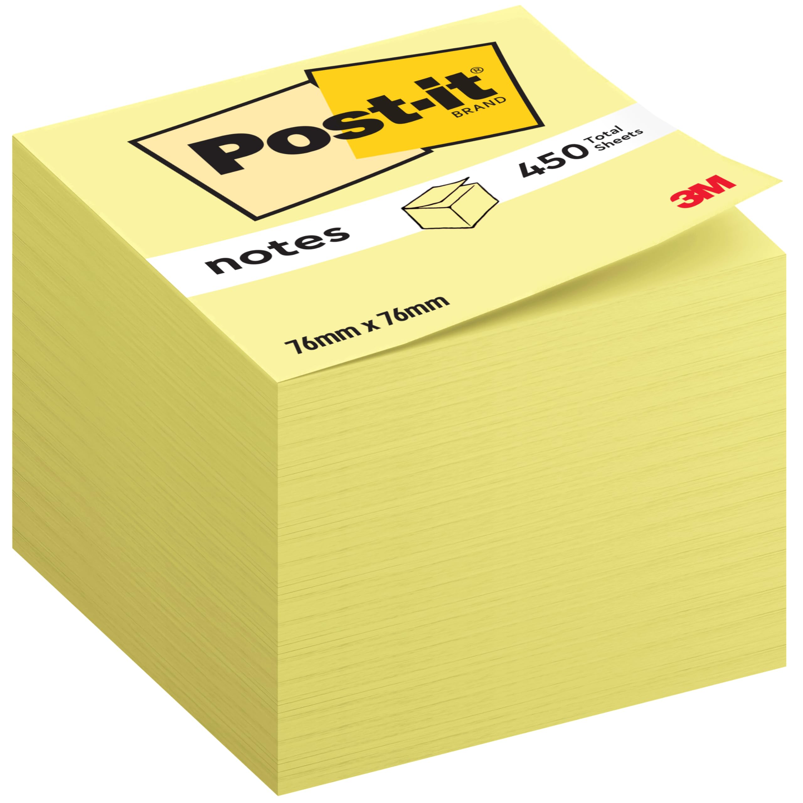 Post-it Notes Cube, Canary Yellow, 1 Pad, 76 mm x 76 mm, 450 Sheets - Extra Sticky Notes for Walls, Monitors and Fridge