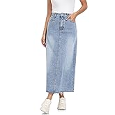 MISS MOLY Women's Jean Skirt Stretch High Waisted Frayed Raw Hem A Line Denim Midi Skirt with Pockets