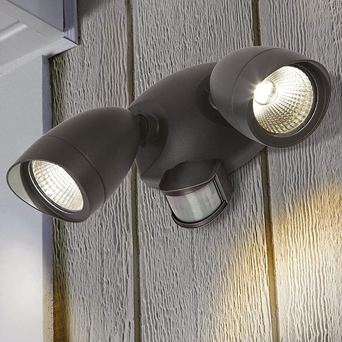 CGC Black Twin LED Spotlight Floodlight Outdoor Wall Light 2 Head Spot Security Adjustable Head Garden Porch Patio Lamp Slim Modern New Garage Shed (Double Spotlight with Sensor)