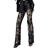 Women's Sexy See Through Lace Pants Transparent Sheer Mesh Straight Leg Pants Hollow Out Slim Trousers Cover Up