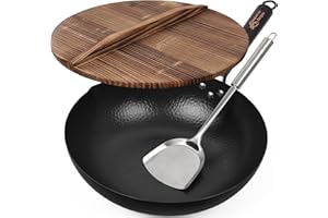 Souped Up Recipes 13.4 Inch Carbon Steel Wok for Electric, Induction and Gas Stoves (Lid, Spatula and User Guide Video Includ