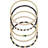 BXDA Gemstone Gold Beaded Bracelets Stack Set for Women, 5Pcs Trendy Boho Handmade Natural Stone Black Beads Stackable Stretch Bracelet Prom Holiday Jewelry Gift.