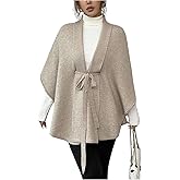 MakeMeChic Women's Poncho Cardigan Knitted Belted Old Money Shawl Wraps
