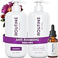 Routine Wellness Shampoo and Conditioner Set and Hair Serum for Thinning Hair - DHT Blocker Women & Men - Color Safe Shampoo for Hair Loss & Healthier Hair - Rose Hips Set + Serum