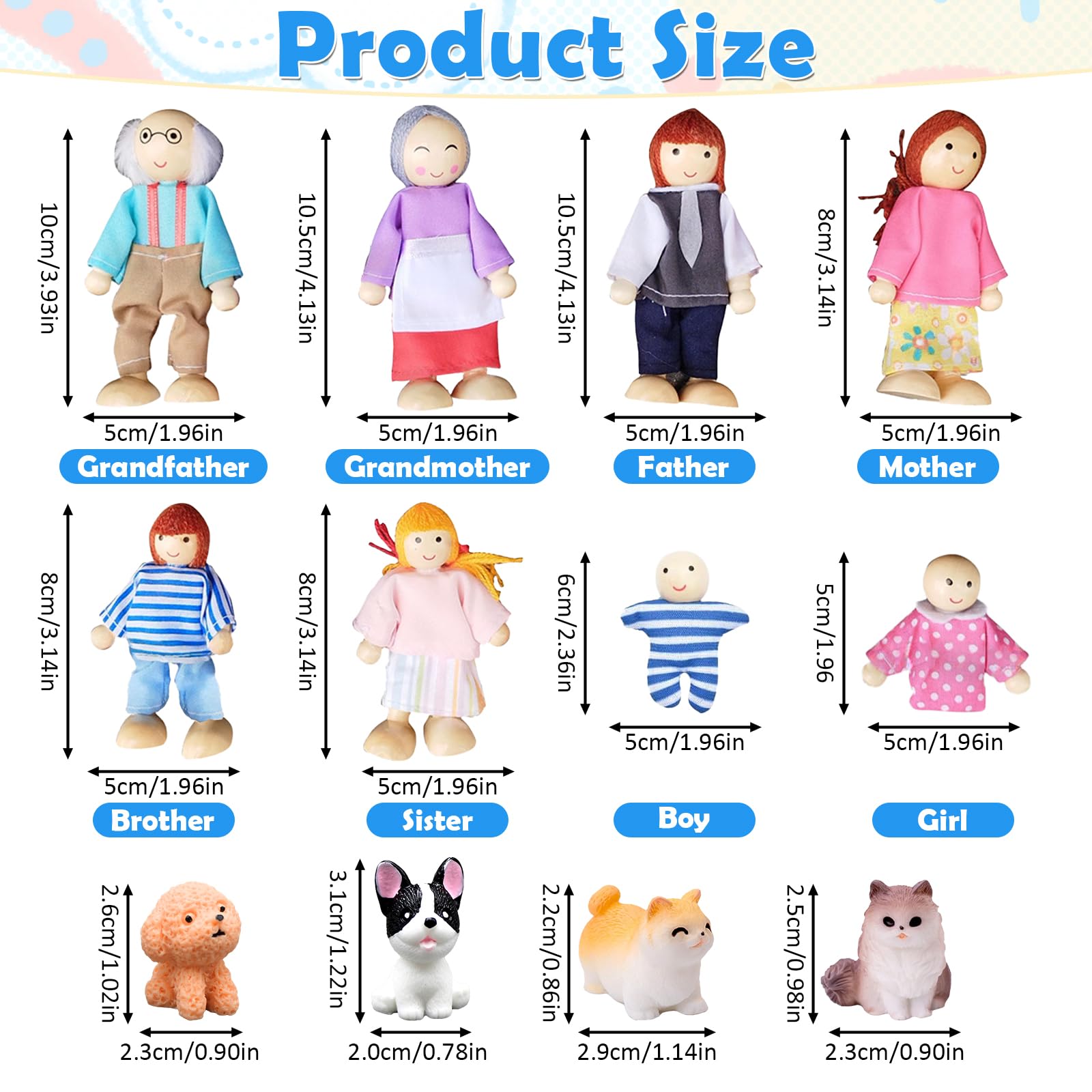 Ruikdly Puppenhaus Puppen - 13 Stück Holz Familie Set mit Katze und Hund, Figuren Biegepuppen Puppen Familie Set für Puppenhaus Zubehör Spiel Haus Geschenk 2