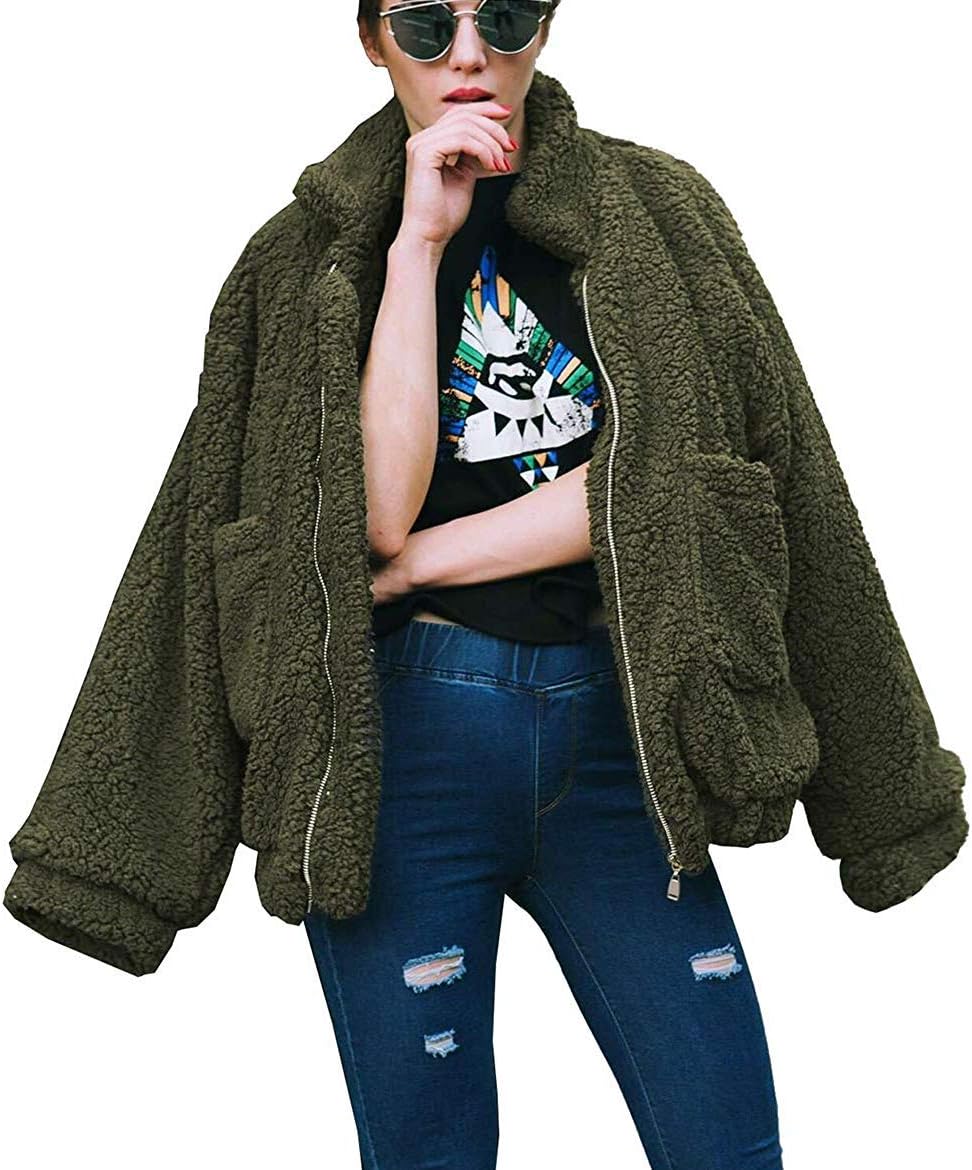Romanstii Ladies Jacket Women's Fleece Faux Fur Coats Casual Outerwear Tops Open Front Cardigan Jacket Sweater with Pockets