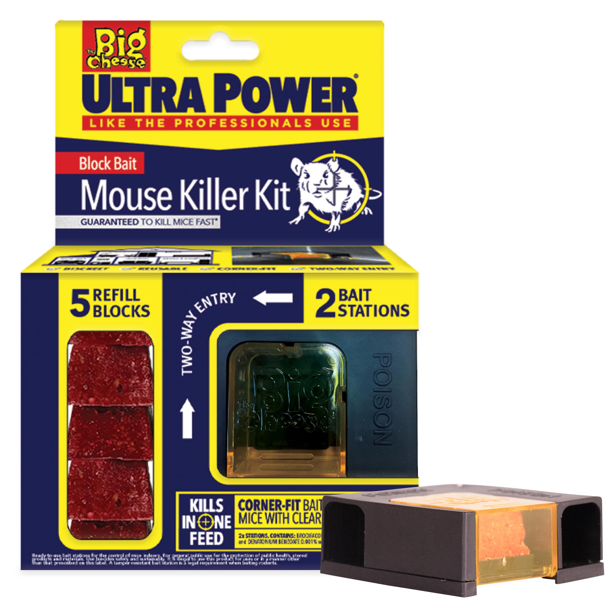 The Big Cheese Ultra Power Block Bait Mouse Killer Kit - Twinpack, Refillable Bait Stations, 5x20g Brodifacoum Blocks, Rat and Mice Poisoning Blocks, Fast Acting, Biodegradable, Indoor and Outdoor Use
