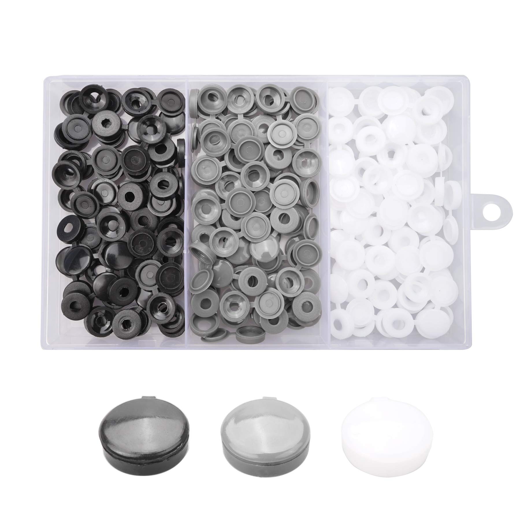 JJWNMLL 240pcs Hinged Plastic Screw Caps - Fold & Snap Covers - Decorative Caps with Box (6-8 Screw Heads) for Furniture Cabinet & Shelf (Black, White, Grey)
