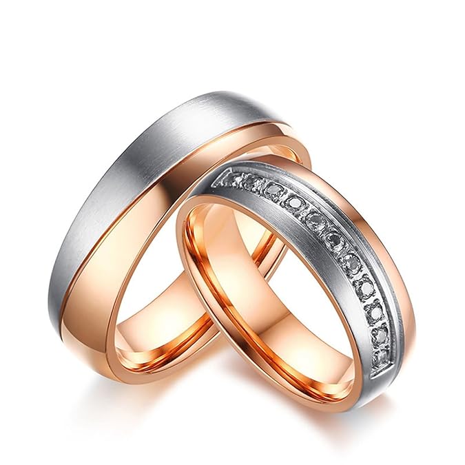 Blisfille Edelstahl Eheringe Paar Ringe Paar Herren Damen Silber Gewölbt Zweifarbig Doppelt Kreis Hoch Poliert Zirkonia Gr. 5