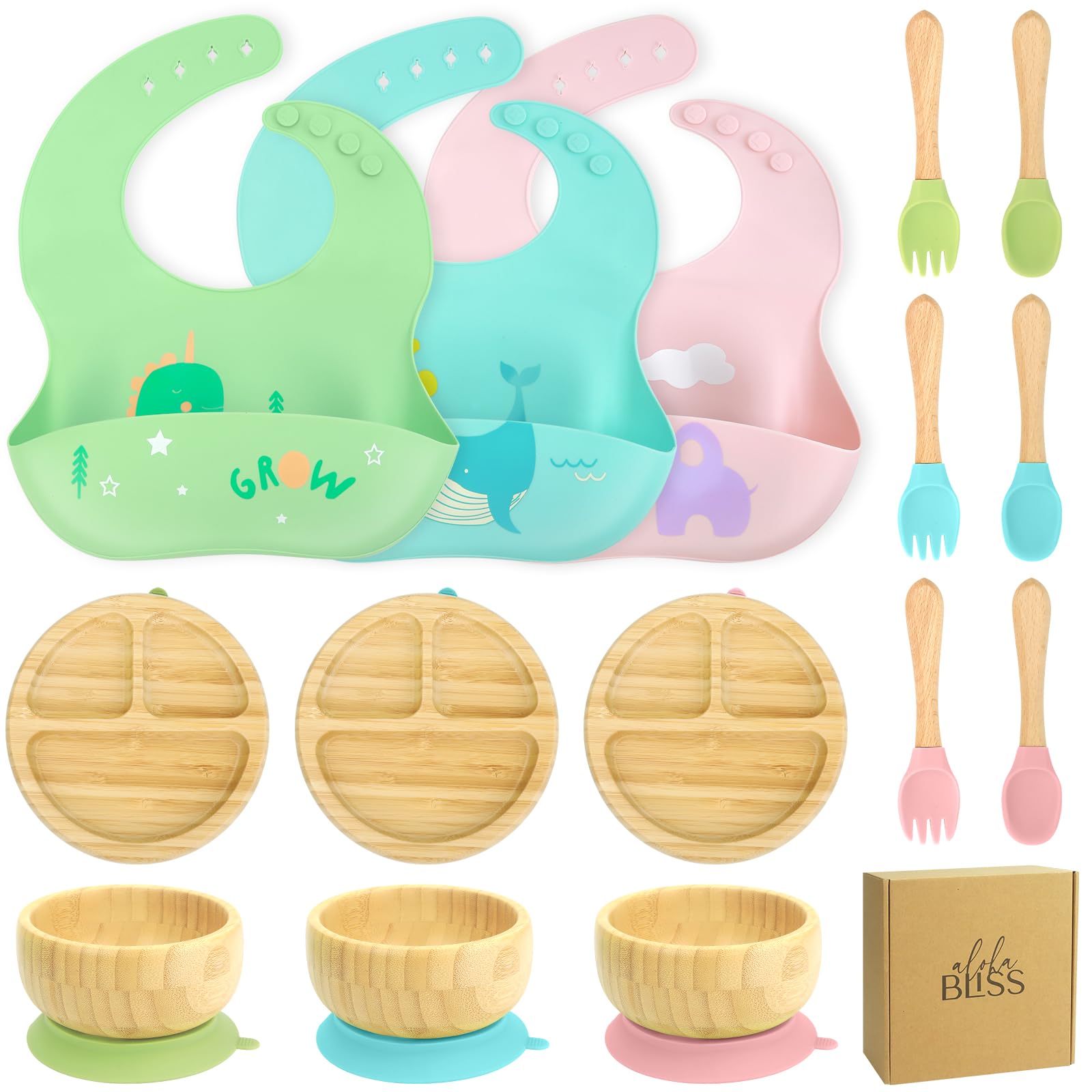 Photo 1 of alohaBliss Bamboo Baby Plates Set - Suction Plates for Baby with Bowl, Bib, Fork, and Spoon - Toddler Plates with Suction - 3 Sectioned bamboo Toddler Plates for Easy Self-Feeding and Mess-Free Meals