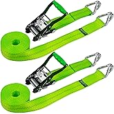 VULCAN Ratchet Strap with Wire Hooks - 2 Inch x 15 Foot - 2 Pack - High-Viz - 3,300 Pound Safe Working Load