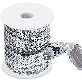 Chuangdi 11 Yard Silver Sequin Trim, 1 Inch Glitter Ribbon Halloween Craft | 3 Row Flat Glitter Elastic, Roll of Silver Sequin, Bling Fabric Paillette, glitter ribbon, Metallic Stretch Craft Elastic