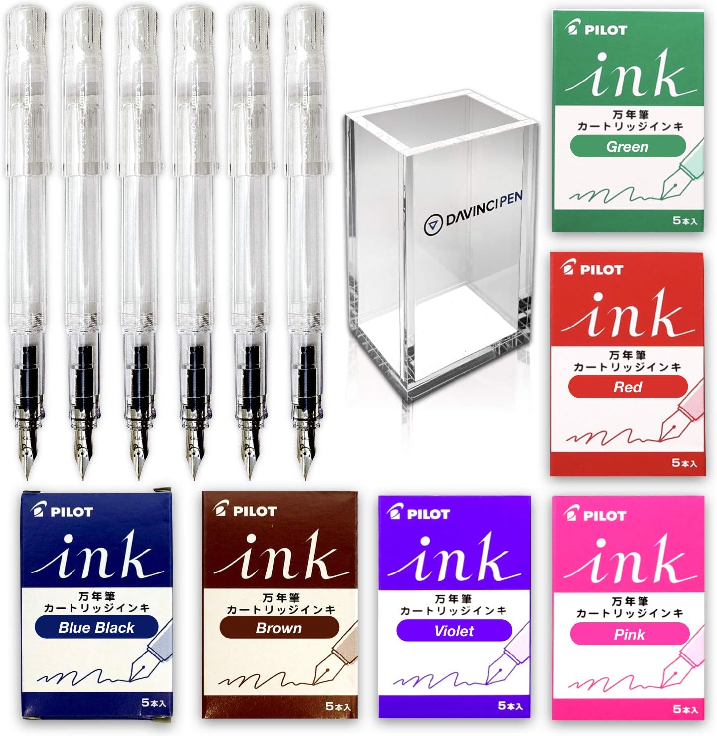 Pilot Kakuno Medium-Nib Fountain Pen, Non Color Body with 6 Colors fountain pen ink cartridge [BlueBlack, Brown, Violet, Pink, Red, Green] total 30 ink Special Bundle set with DAVINCIPEN Holder