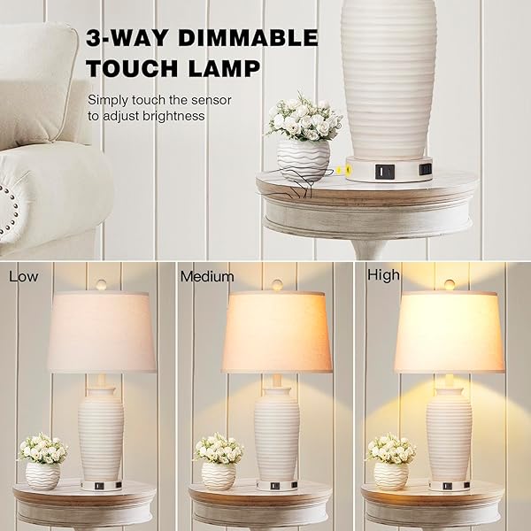 CINSARY 24.3″ FARMHOUSE JAR TABLE LAMPS SET OF 2, 3 WAY TOUCH CONTROL RUSTIC BEDSIDE LAMPS WITH USB A+C PORTS & AC OUTLET, POT NIGHTSTAND LAMPS FOR BEDROOM LIVING ROOM (LED BULBS INCLUDED)