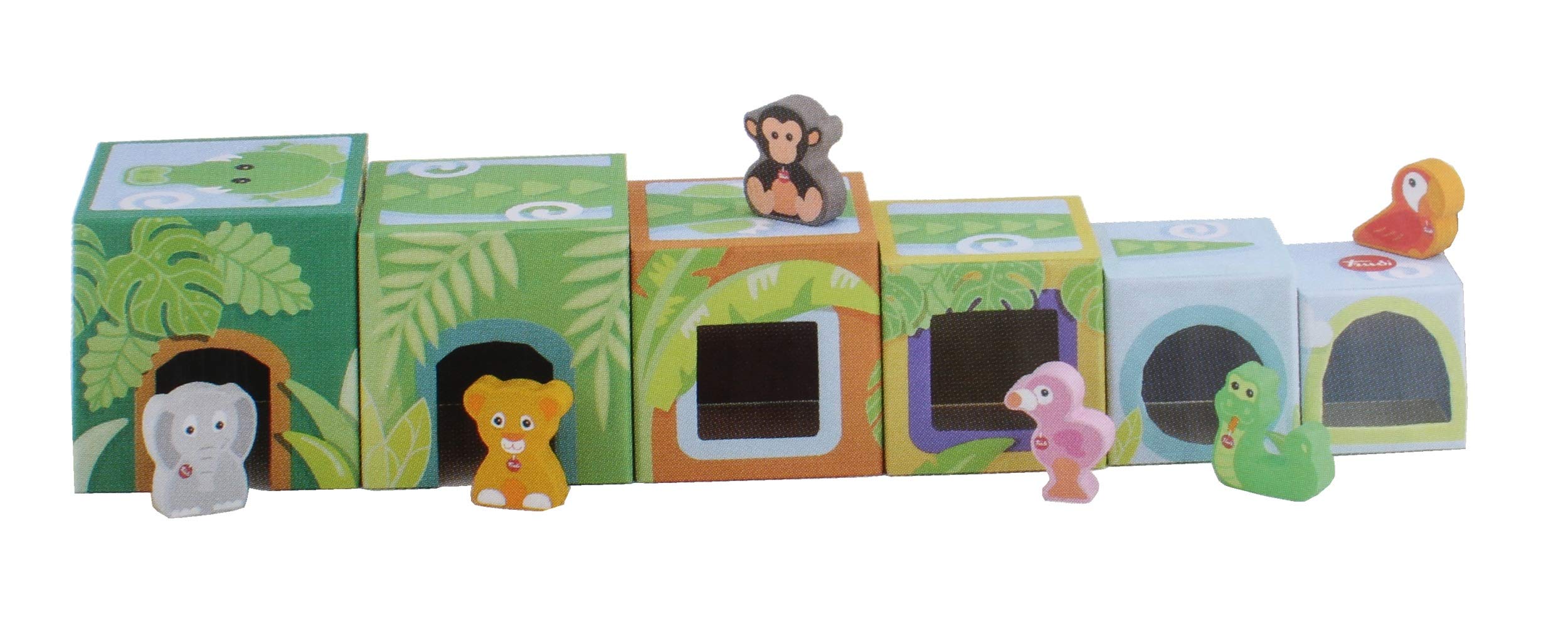 Sevi Savana Stackable Cubes - 12 Pcs Wooden Construction Toy Set, Hand-Painted Multicolour Blocks for Kids, Develops Creativity, Manual Skills, and Logical Thinking, Safe & Non-Toxic, 19.5x18x18 cm