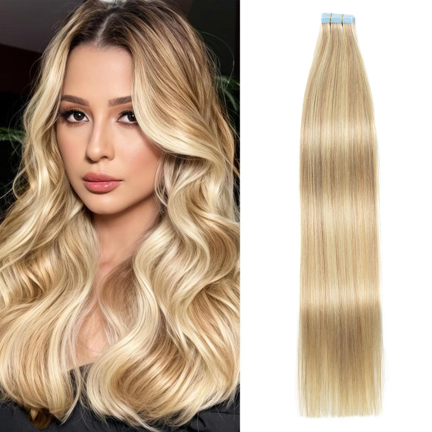 AGMITY Tape in Hair Extensions Human Hair Ash Blonde Highlight Blonde 40g/pack Invisible Straight Seamless Skin Weft Remy Hair Extensions Tape in Human Hair(16 Inch #P18/613) — image 1