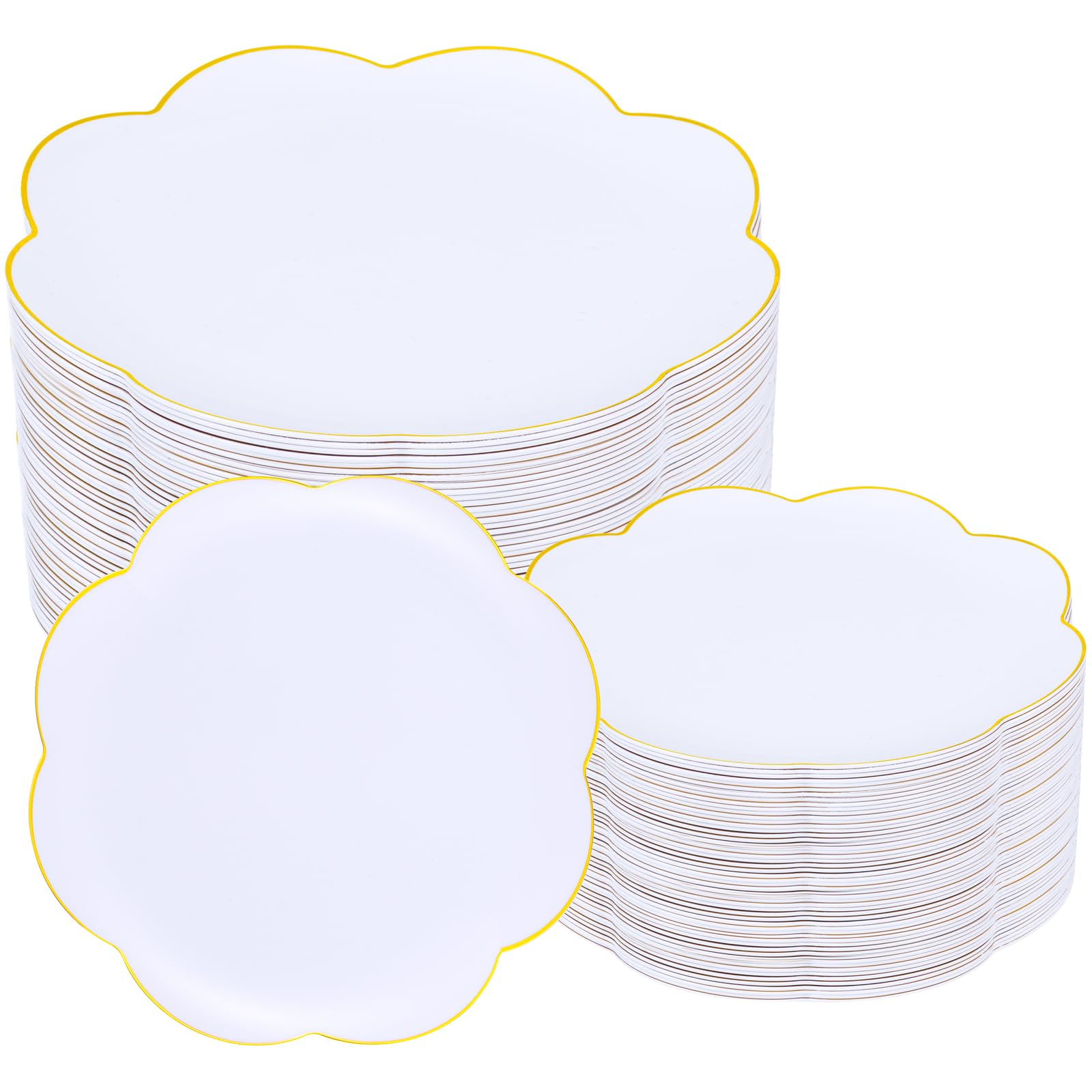 Photo 1 of LIYH 100 Pcs White Gold Scalloped Plastic Plates - White and Gold Disposable Combo Plates Includes Dessert Plate & Dinner Plate Tableware Dishes for Birthday Party Baby Shower