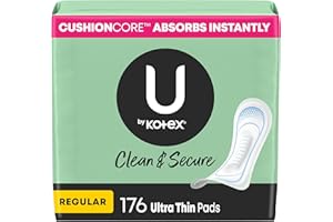 U by Kotex Clean & Secure Ultra Thin Pads, Regular Absorbency, 176 Count (4 Packs of 44) (Packaging May Vary)