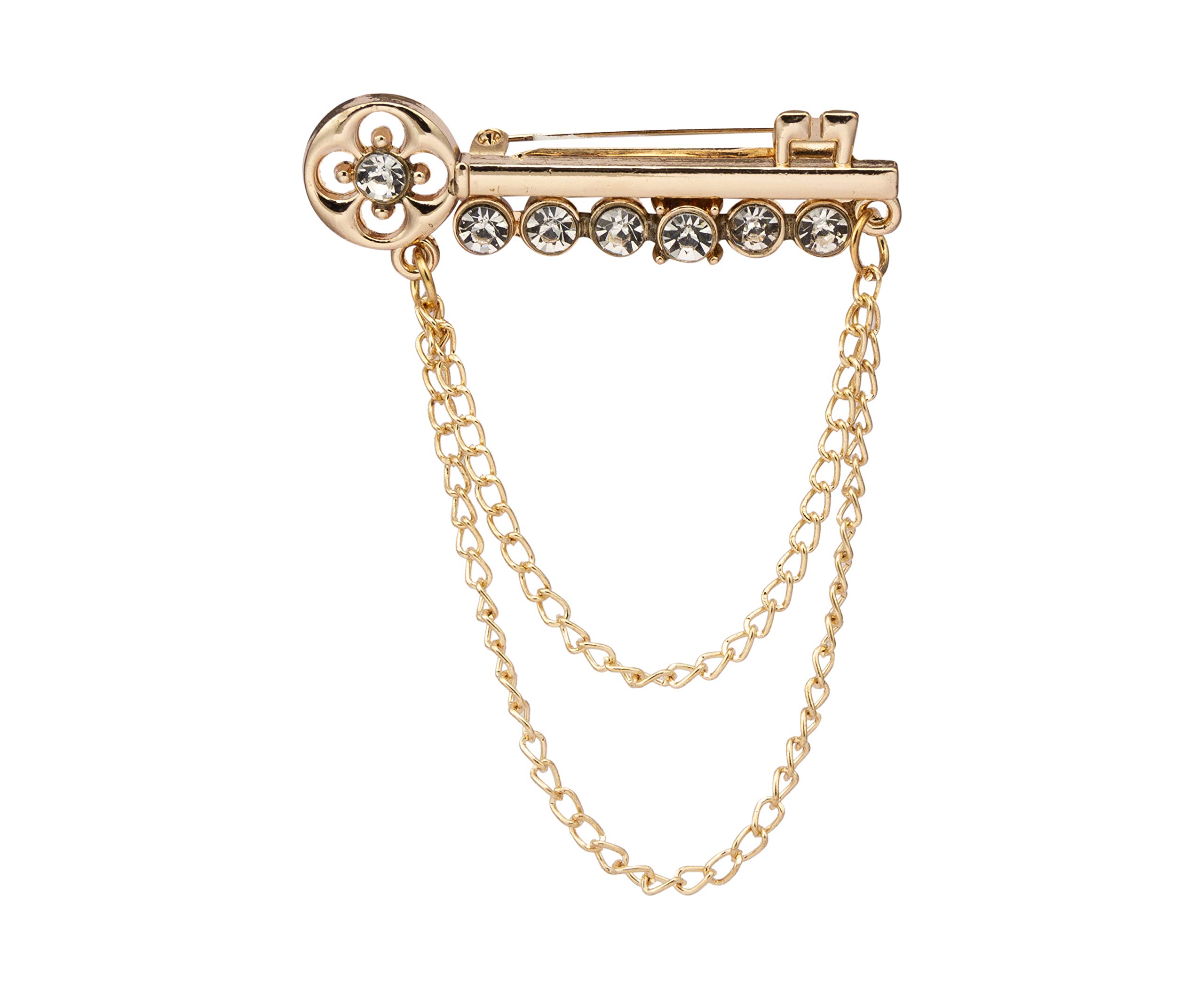 Knighthood Golden Key with Crystal Detailing and Hanging Chain Lapel Pin Badge Coat Suit Wedding Gift Party Shirt Collar Accessories Brooch for Men