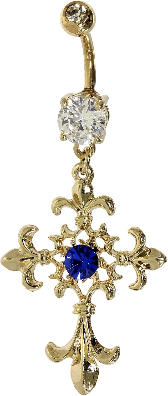 14K Gold Plated Rose Gold Cross Navel Belly Ring, Surgical Steel With CZ, 14g 10mm