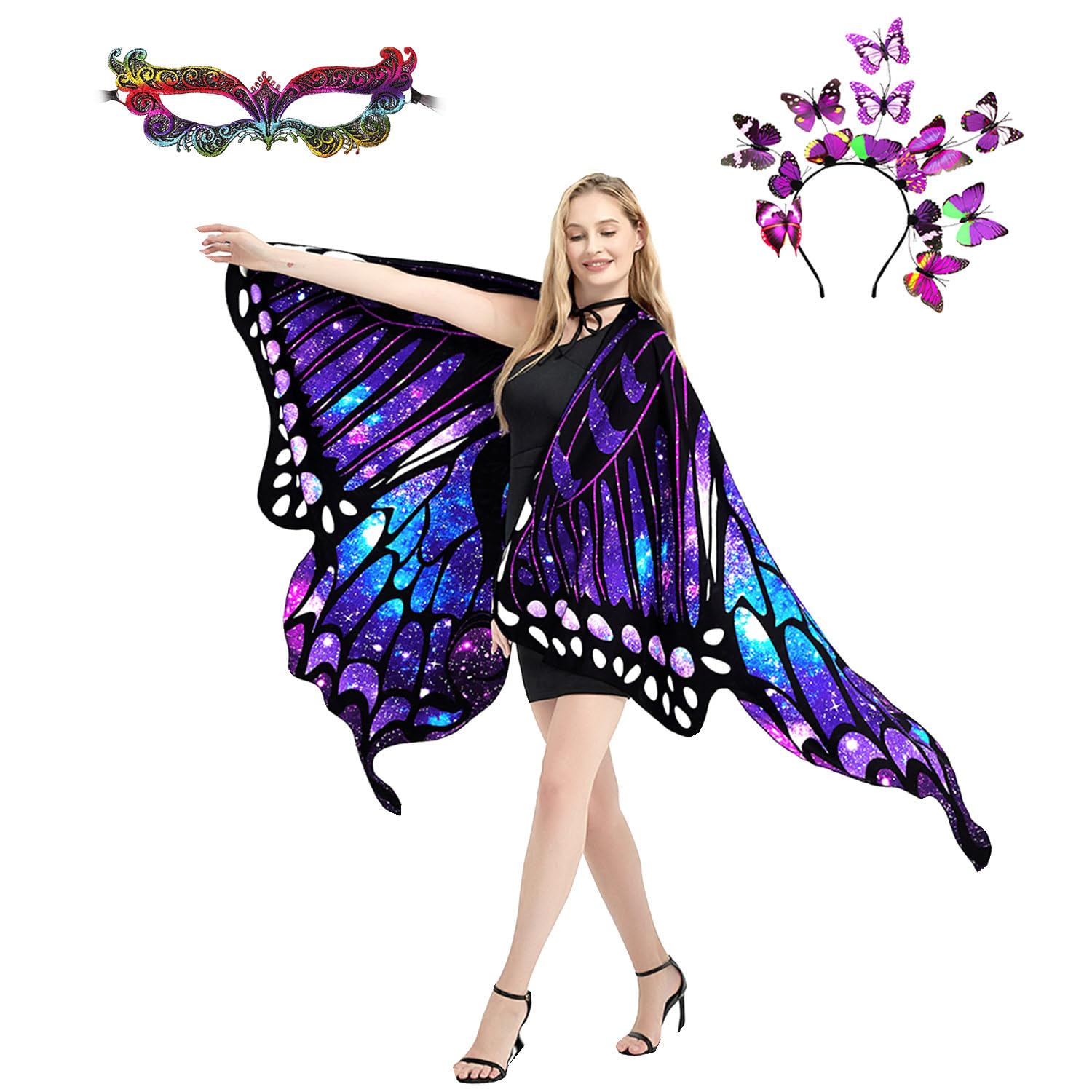 plainshe Butterfly Wings Double-Sided, Fairy Wings for Adults, Halloween Costumes for Women, 3PCS Butterfly Cape Set (Double-Sided 16)