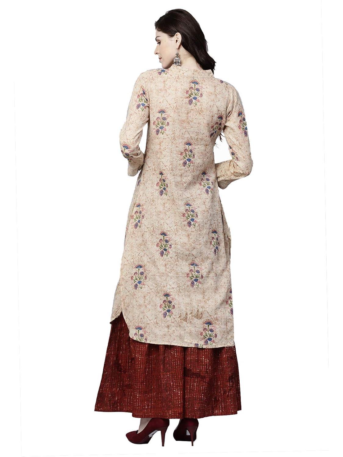 ishin women's cotton beige printed a-line kurta palazzo sets