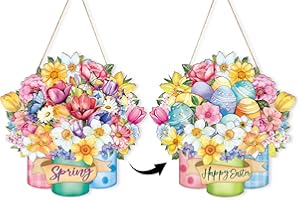 SOPHENA Easter Decoration Wood Spring Decoration Door Wall Signs Double-sided Printing, Mason Jar Wooden Wreaths Front Door Sign Egg Flower Ornaments Hanging Crafts for Spring Home Farmhouse Party Porch Wall Decor