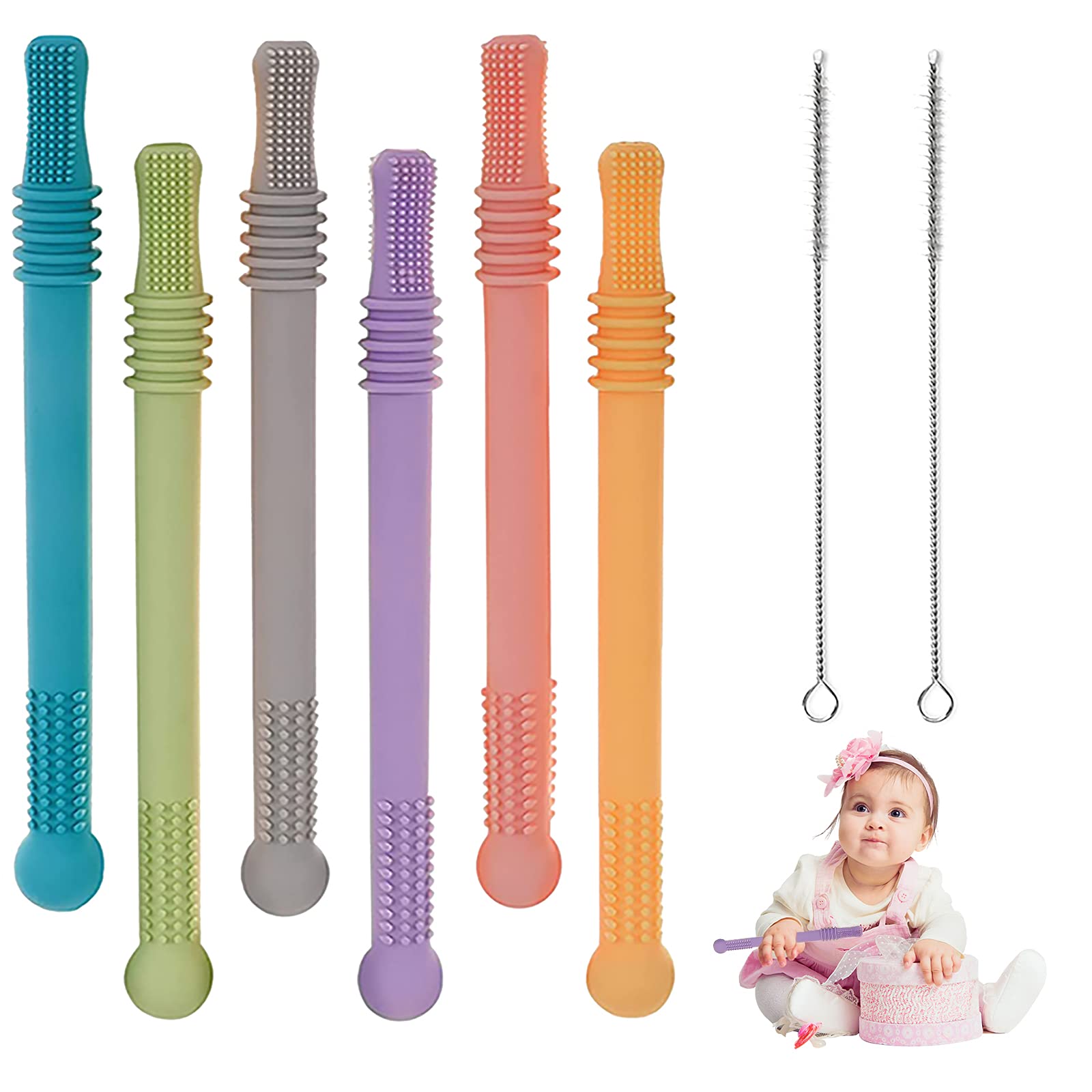 Winmany Silicone Baby Teether Hollow Teething Straws Infant Teething Toy Chew Molar Sensory Toy with Cleaning Brushes for Toddlers (6 Pack, Pink, Grey, Blue, Yellow, Purple, Green)