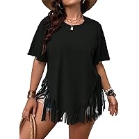 Remidoo Womens Fringe Top Oversized T Shirt Round Neck Short