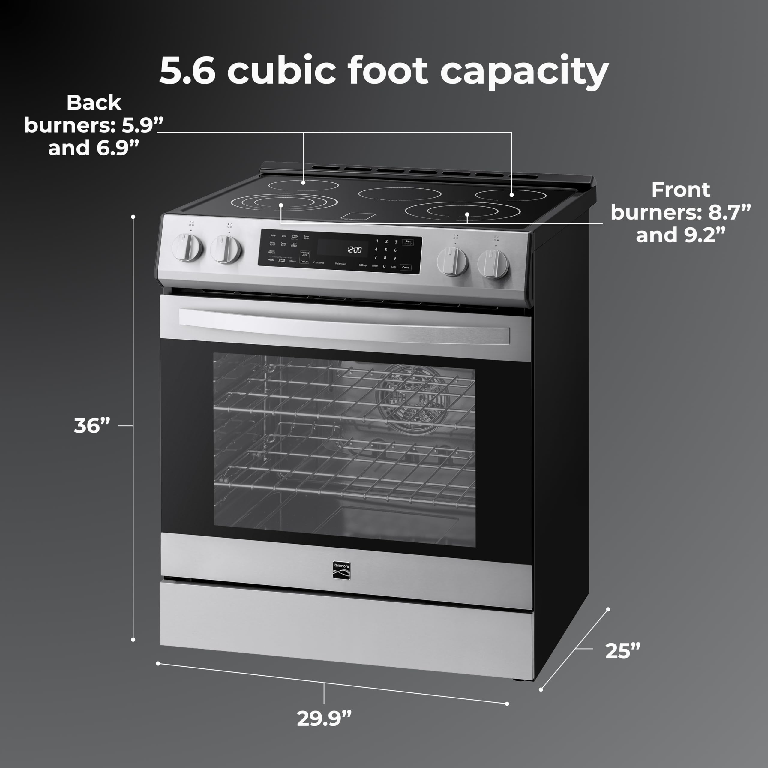 Kenmore 2296833 5.6 cu. ft. Front Control Electric Range Oven - True Convection with 5 Elements, Steam Clean Oven, Broil Function, Chrome Racks, Precision Set Controls, Large Window - Stainless Steel