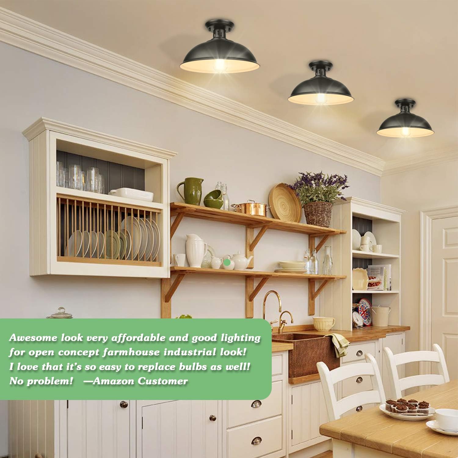 Farmhouse Semi Flush Mount Ceiling Light Fixture, E26 Medium Base, Industrial Black Pendant Lamp Shade, Great Close to Ceiling Lighting for Kitchen Island Corridor Porch Bedroom Foyer Hallway Entryway - - 