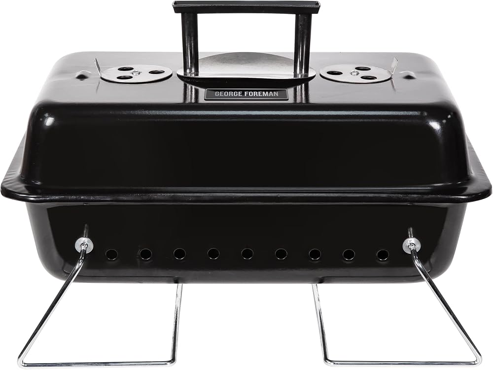 George Foreman Portable Charcoal BBQ, Lightweight, Foldable Legs, Black