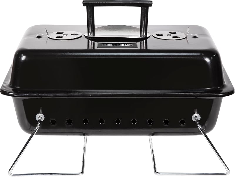 George Foreman Portable Charcoal BBQ, Lightweight, Foldable Legs, Black