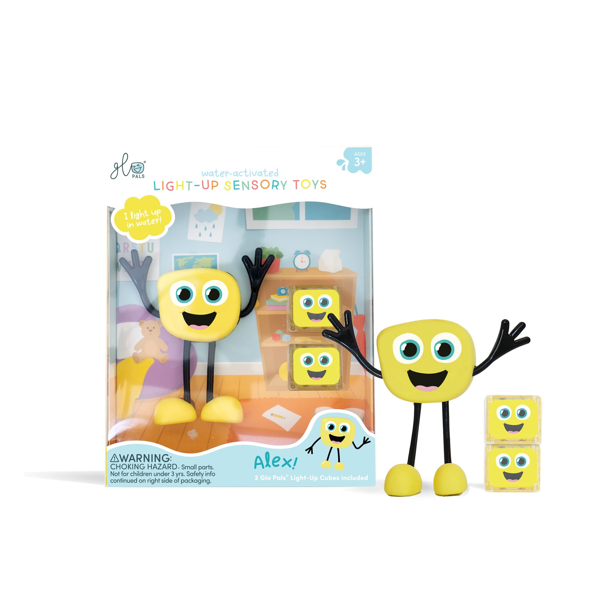 Glo Pals Alex Character. Water-Activated Light-up Sensory Bath Toy + 2 Reusable Light-Up Cubes. Kids Sensory Bath Time Toy. Gift for Boys & Girls 3+ (Alex - Yellow)