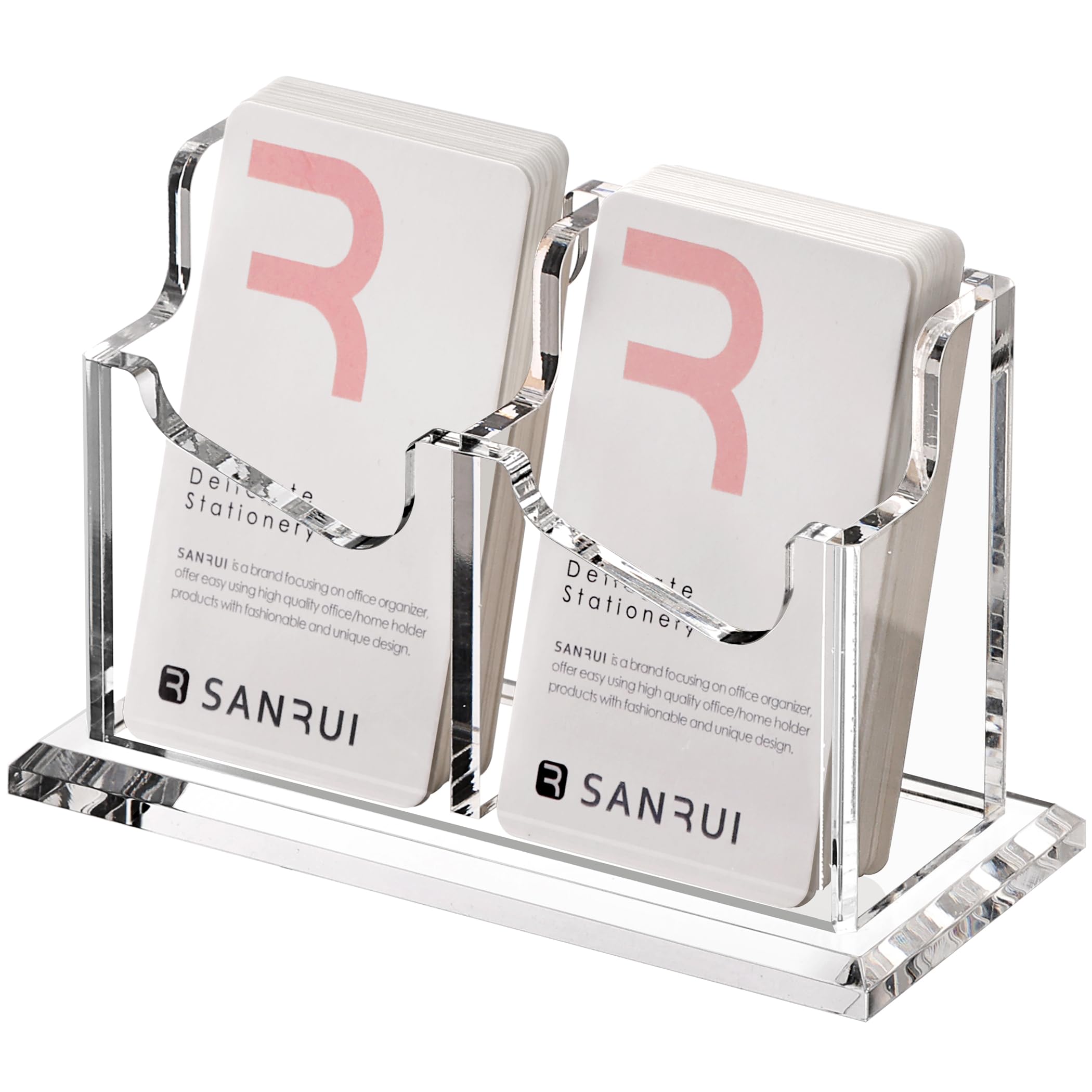 SANRUI Acrylic Vertical Business Card Holder for Desk，Clear Business Card Display Stand Organizer Storage Rack for Exhibition, Home , Office , 2 Slots 1 Tier, Holds 100 Cards