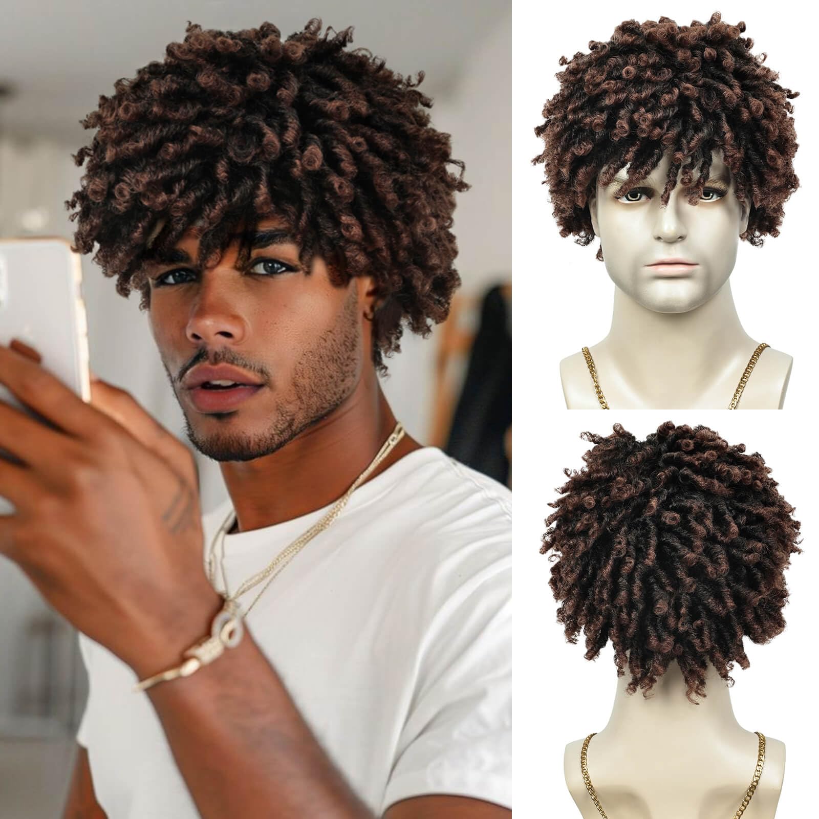 QUEENTAS Short Dreadlock Wigs for Men Curly Afro Twist Braided Wig Synthetic Mens Wig 9 Inches (Black to Brown)