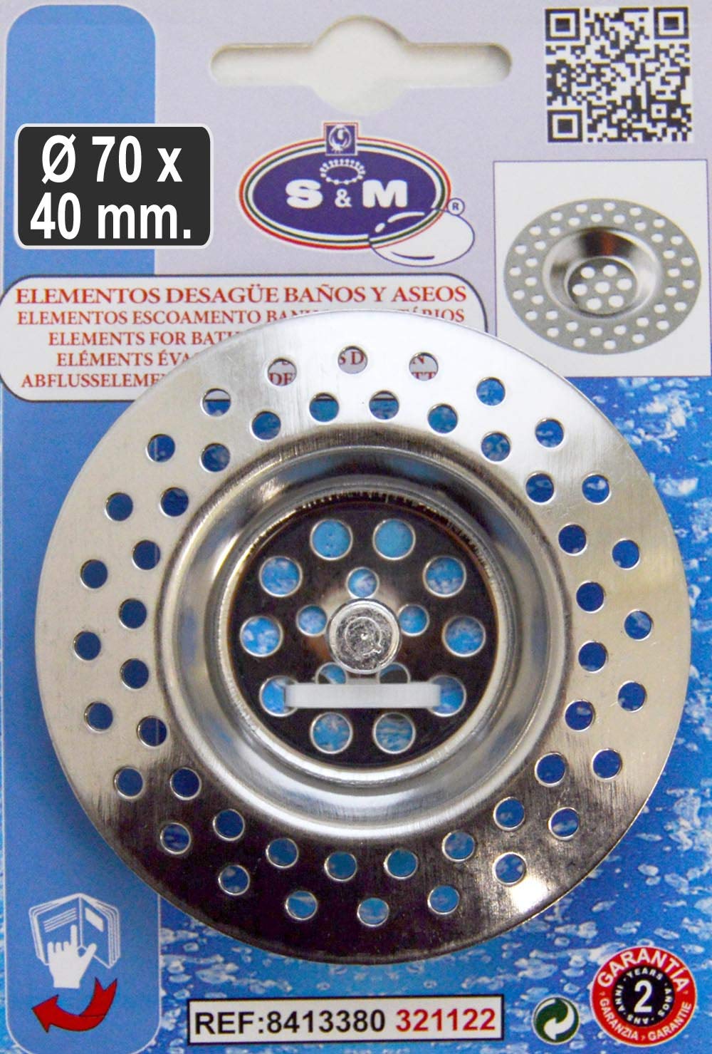 S&M Large Stainless Steel Kitchen Sink/Bathroom Drain Grid with Handle Ø70 x 40mm