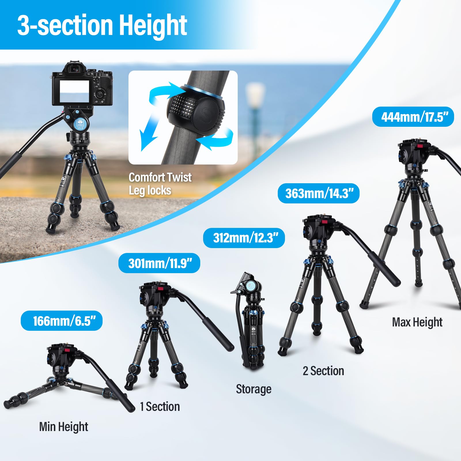 SIRUI Carbon Fiber Tabletop Tripod Kit With ±15° Bowl Adjustment, Compact Ultra-Light Weight Only 0.62kg, Max Load 5kg/11.02lb For Cameras, DSLR(AM-223L